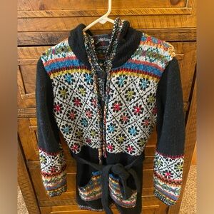 Lost Horizons 100% wool black multicolor belted hoody cardigan sweater